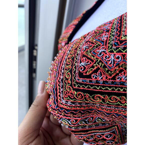 Vintage Beaded Embroidered Multicolor Boho Indie Bikini Strappy Halter Top - Picture 2 of 4